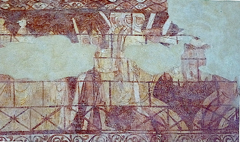 détail de la fresque inférieure du mur nord de la chapelle templière de Cressac-Dognon; photo JP Schmit